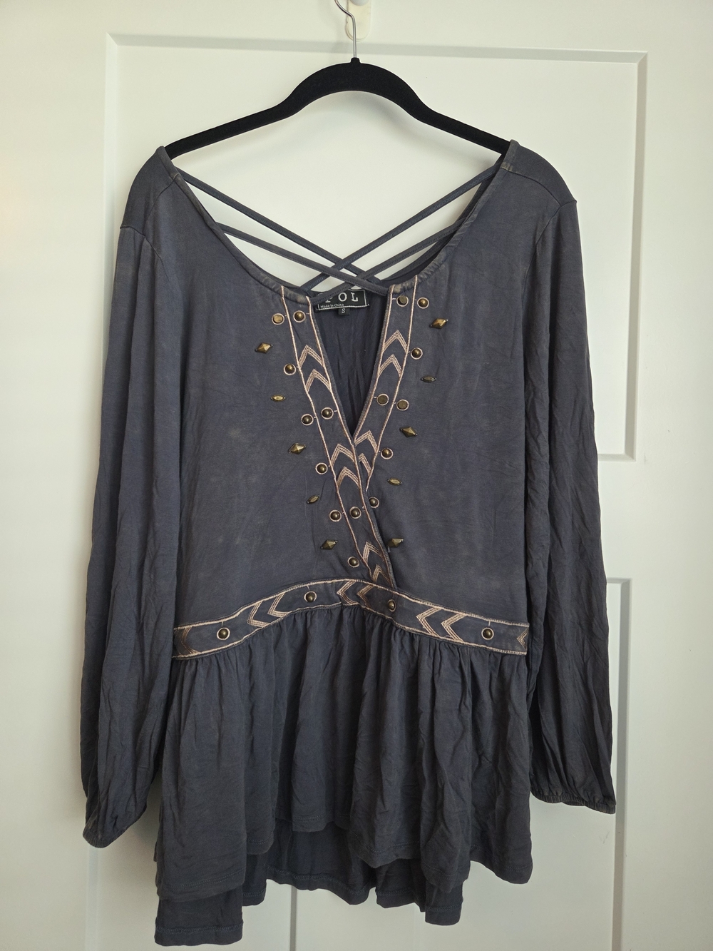 0067.  POL Grey Embroidered Strappy Peasant Top